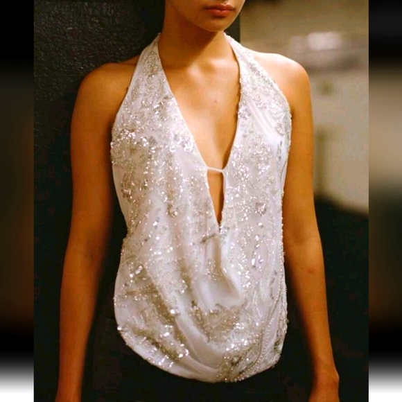 Tops - Women  Cowl Neck Halter Tops Vintage Sequins Beaded Backless Crop Cami Tops